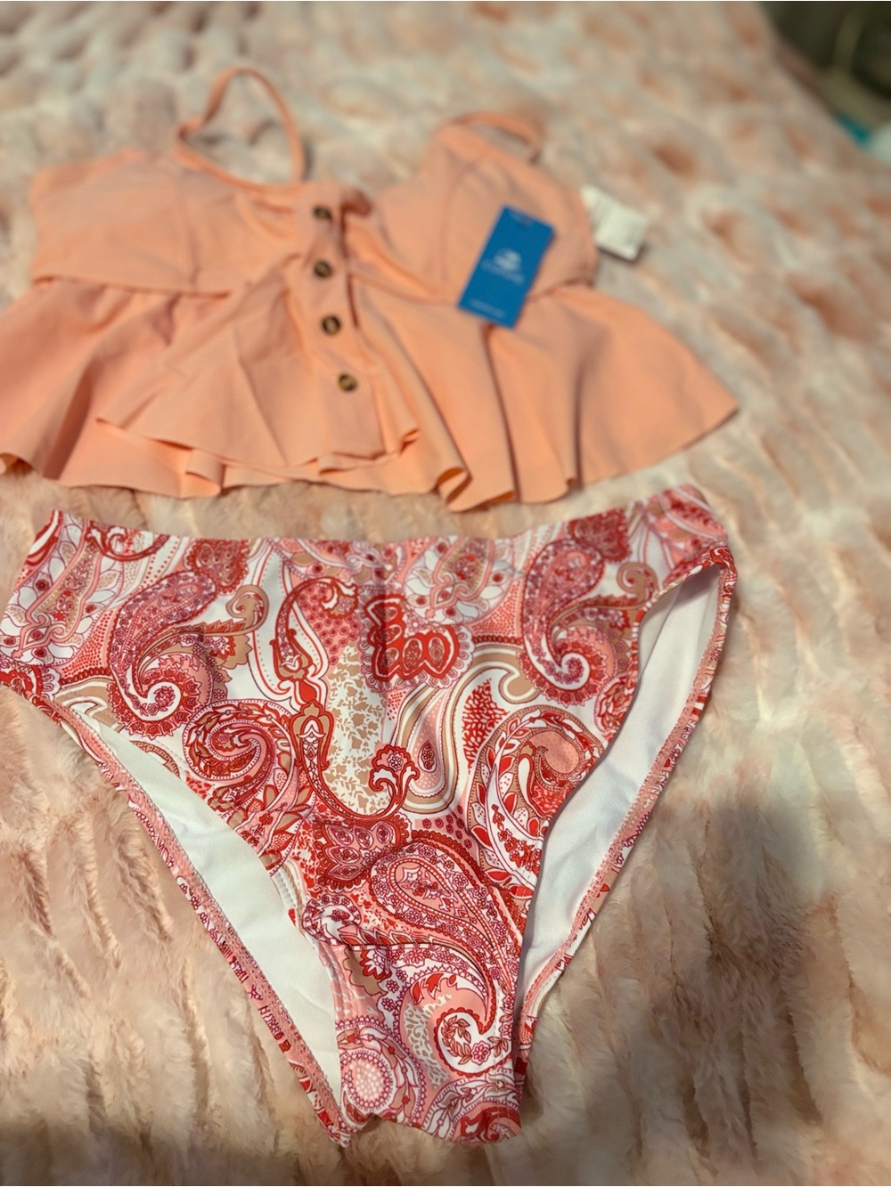 Peach Ruffle Tankini Top with Red Paisley Bikini Bottoms
